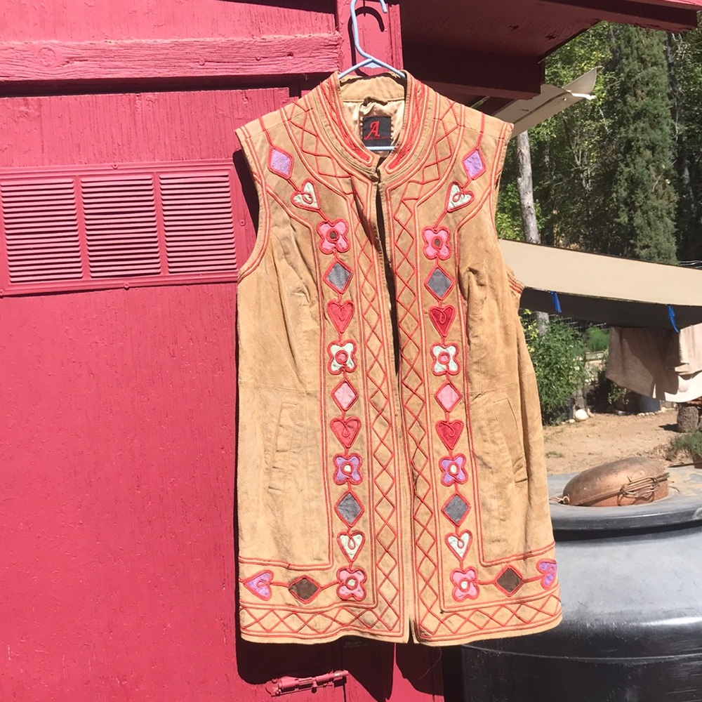 Adrienne Landau Tan Vest with Colorful Embroidery
